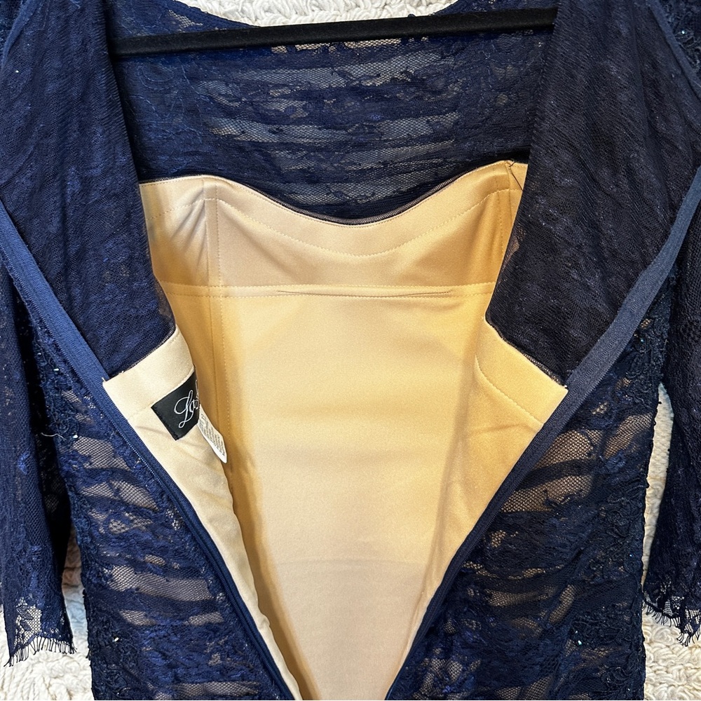 LA FEMME navy blue ruched mesh floral applique mother-of-the-bride dress 12 - Picture 7 of 11
